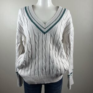 Gap Retro Sweater Size Medium Ivory Cable Knit V Neck Pullover Academic Varsity